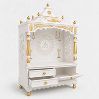 Adhyatma Floor Rested Pooja Mandir without Door (White Gold) Side View Open Drawers