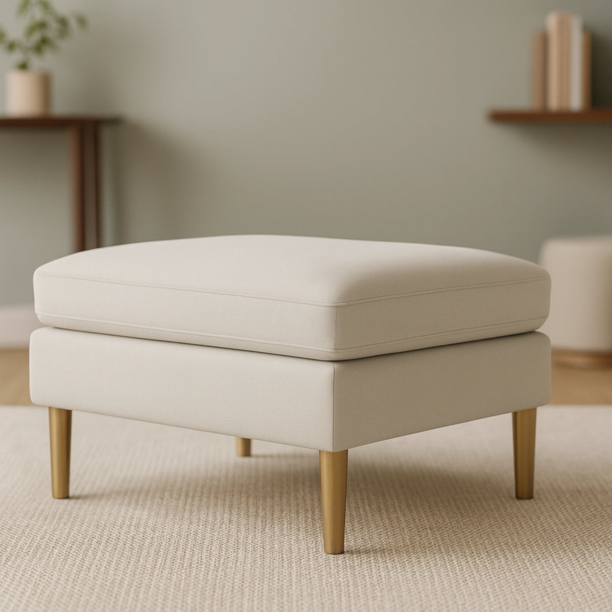 Aeris Teak Wood Ottoman Stool (Ivory) lifestyel view