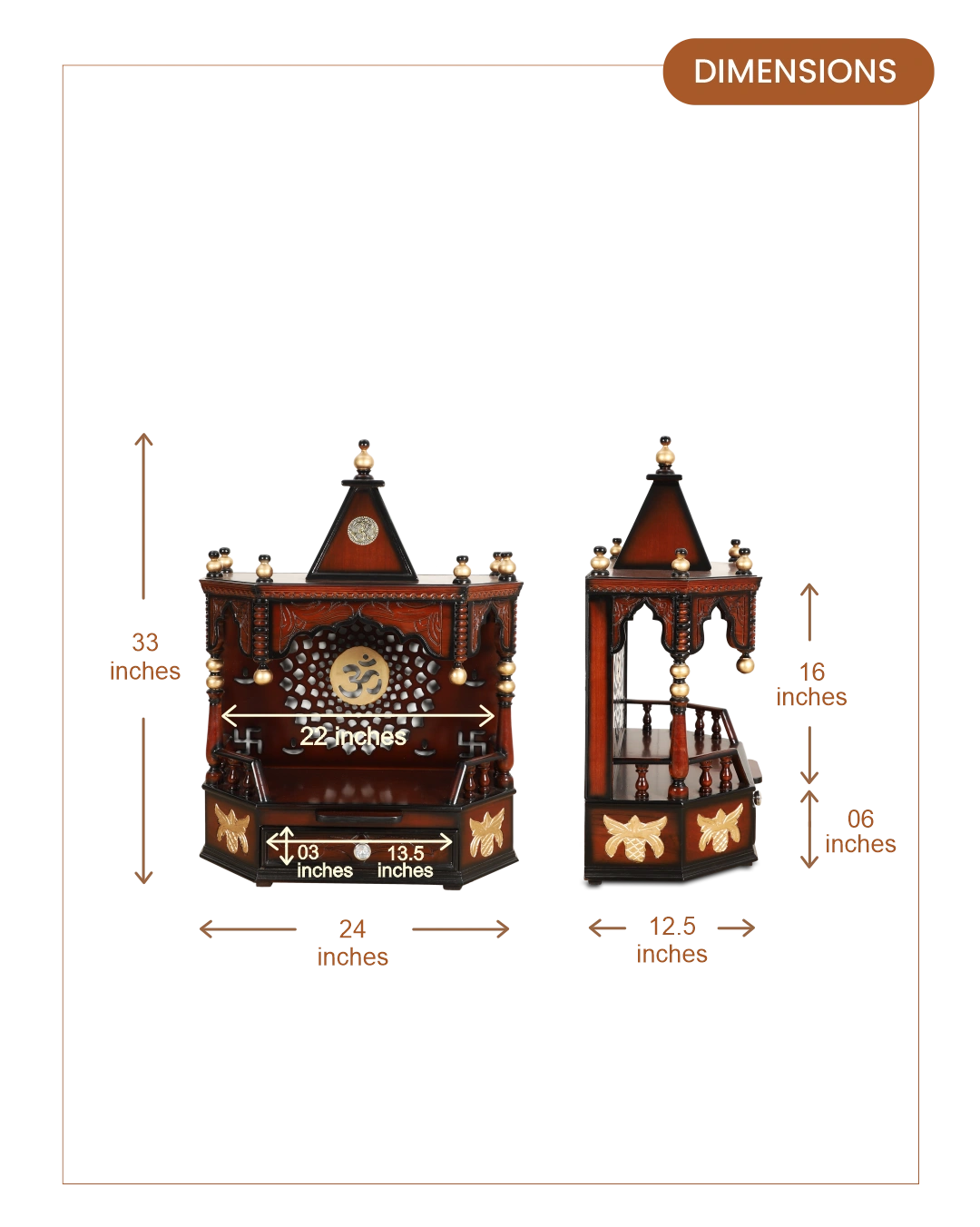Aikyam Wall Mount Pooja Mandir without Door (Brown Gold) dimesnions