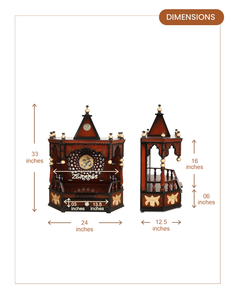 Aikyam Wall Mount Pooja Mandir without Door (Brown Gold) dimesnions