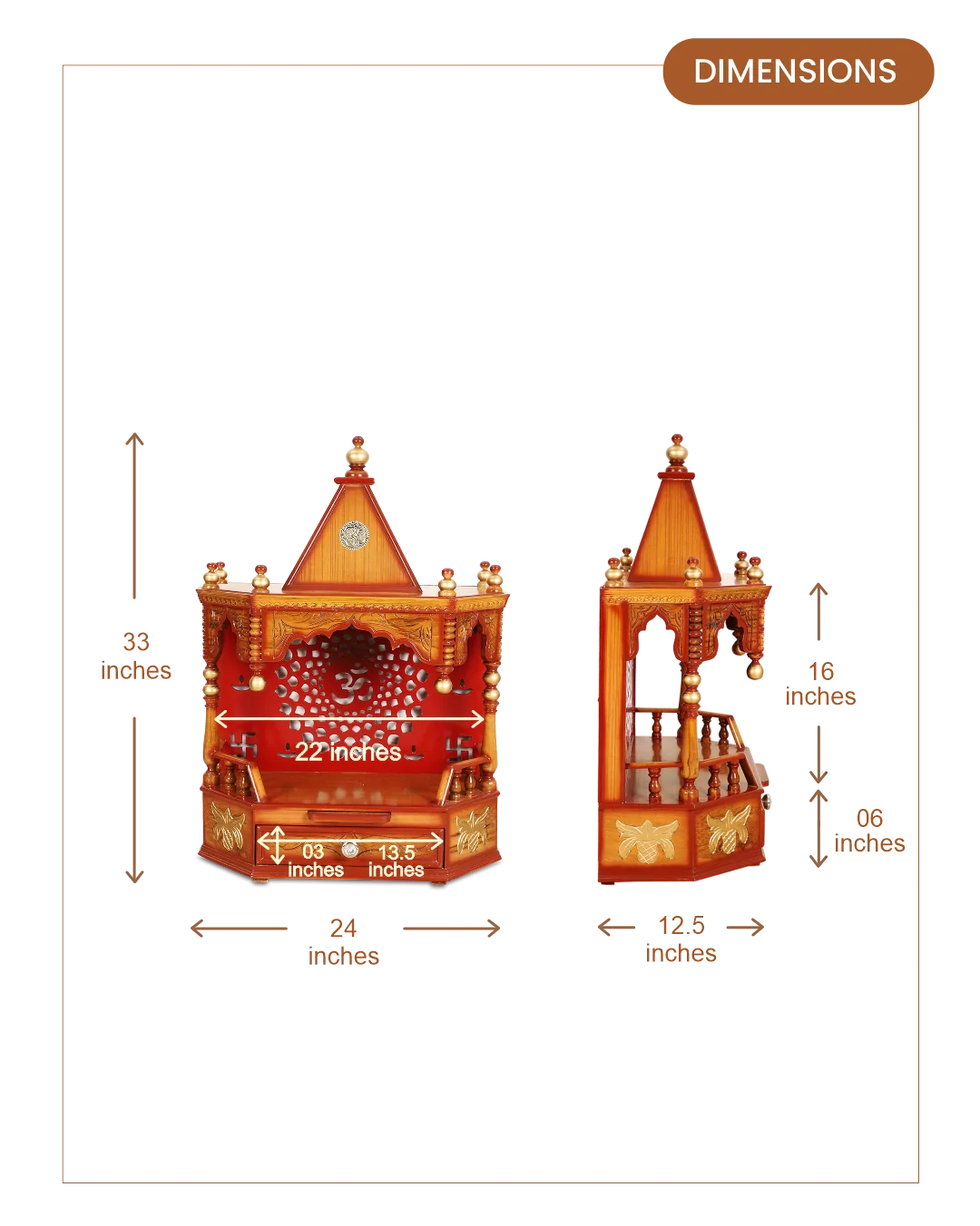 Aikyam Wall Mount Pooja Mandir without Door (Teak Gold) dimensions