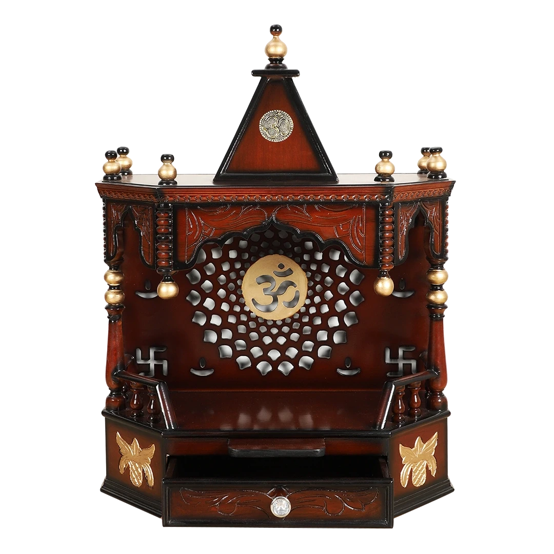 Aikyam Wall Mount Pooja Mandir/Wooden temple for home in Brown Gold color front view open drawer