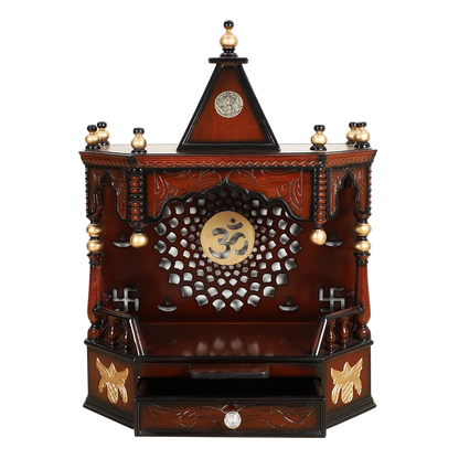 Aikyam Wall Mount Pooja Mandir/Wooden temple for home in Brown Gold color front view open drawer