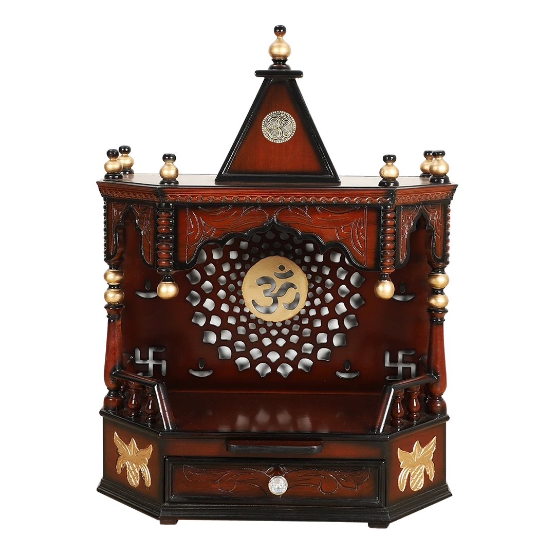 Aikyam Wall Mount Pooja Mandir/Wooden temple for home in Brown Gold color front view