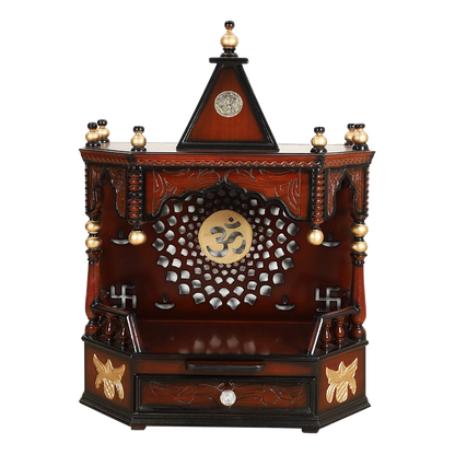 Aikyam Wall Mount Pooja Mandir/Wooden temple for home in Brown Gold color front view