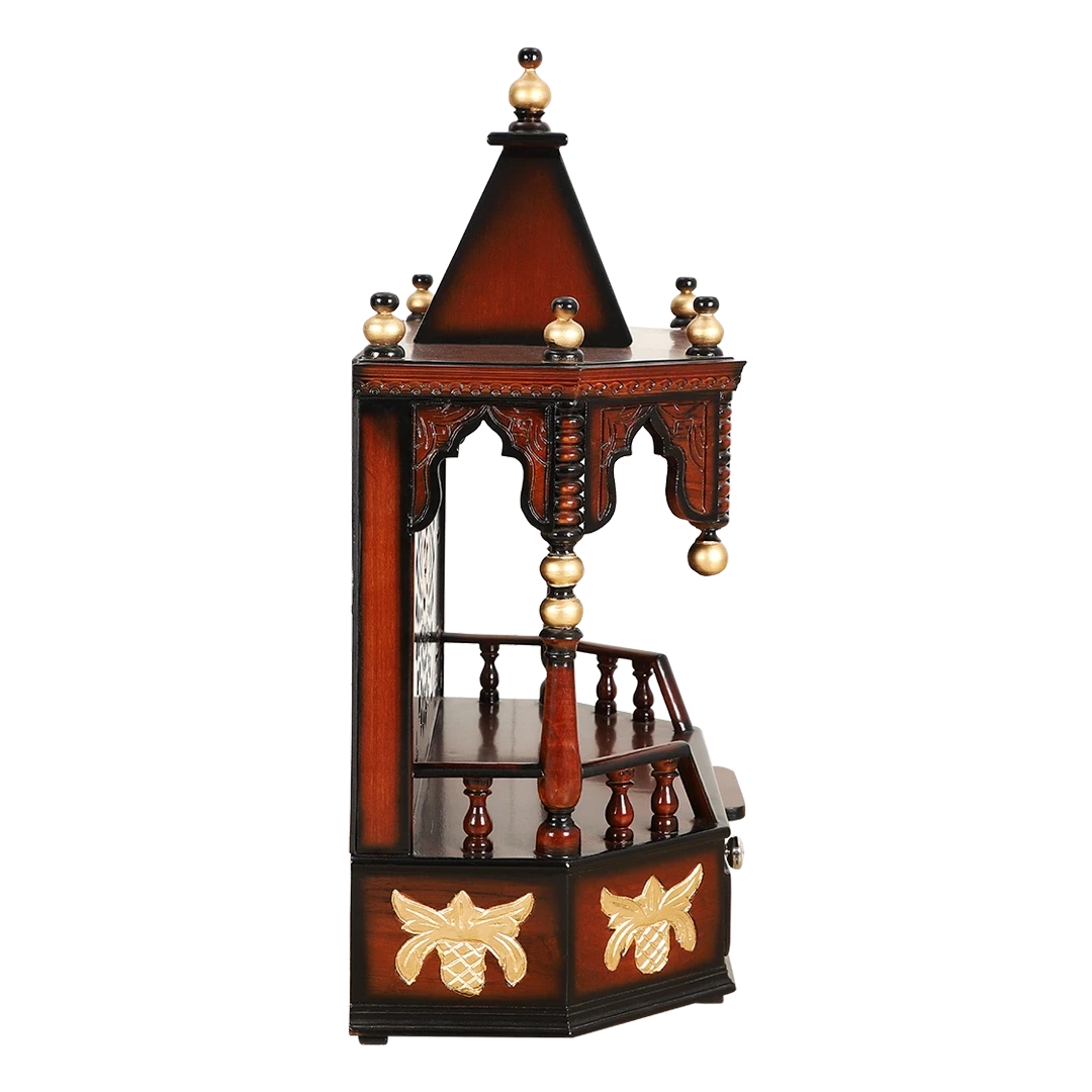 Aikyam Wall Mount Pooja Mandir/Wooden temple for home in Brown Gold color side view featuring jali design