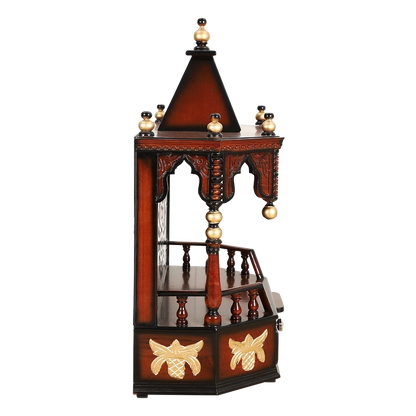 Aikyam Wall Mount Pooja Mandir/Wooden temple for home in Brown Gold color side view featuring jali design