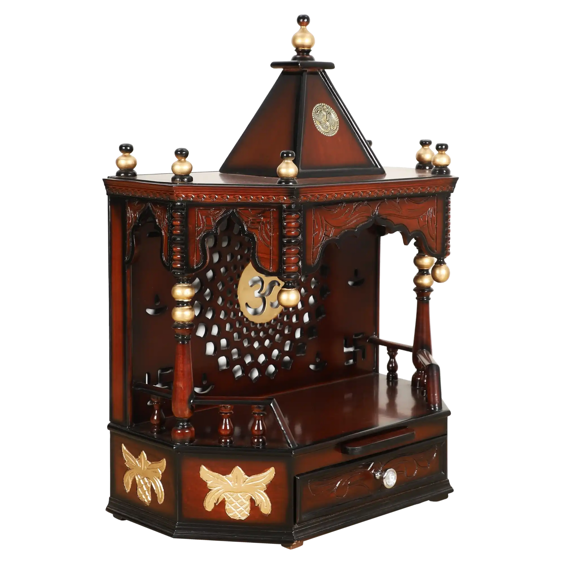 Aikyam Wall Mount Pooja Mandir/Wooden temple for home in Brown Gold color 45° side view