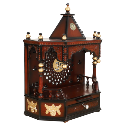 Aikyam Wall Mount Pooja Mandir/Wooden temple for home in Brown Gold color 45° side view