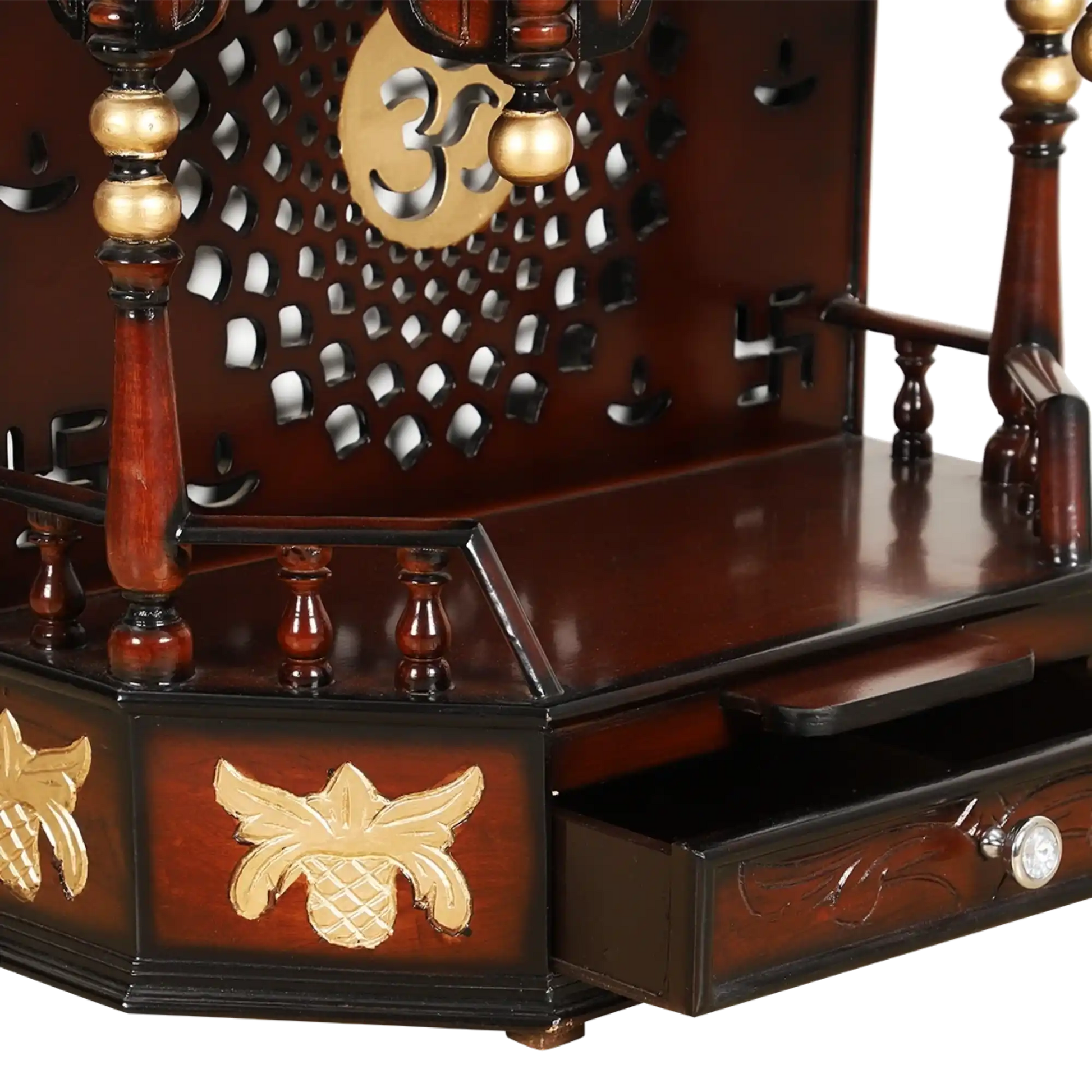 Aikyam Wall Mount Pooja Mandir/Wooden temple for home in Brown Gold color zoom view open drawer