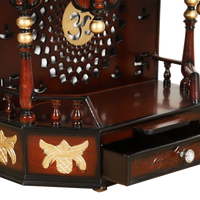 Aikyam Wall Mount Pooja Mandir/Wooden temple for home in Brown Gold color zoom view open drawer