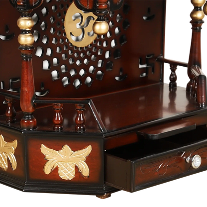 Aikyam Wall Mount Pooja Mandir/Wooden temple for home in Brown Gold color zoom view open drawer