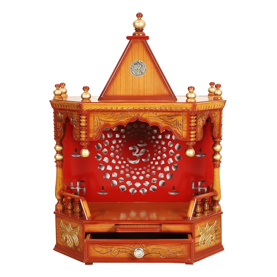 Aikyam Wall Mount Pooja Mandir/Wooden temple for home in Teak Gold color front view open drawer