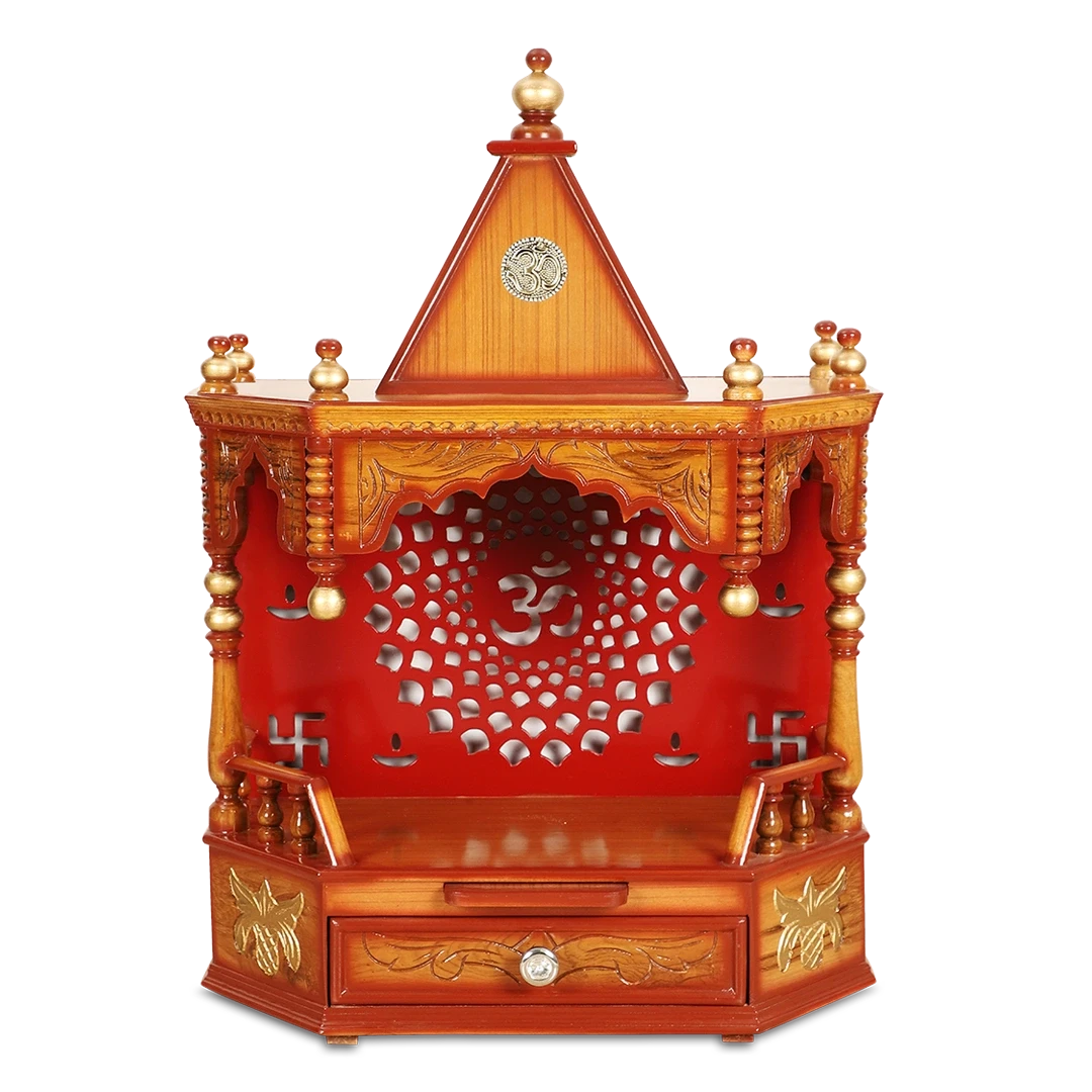 Aikyam Wall Mount Pooja Mandir/Wooden temple for home in Teak Gold color front view