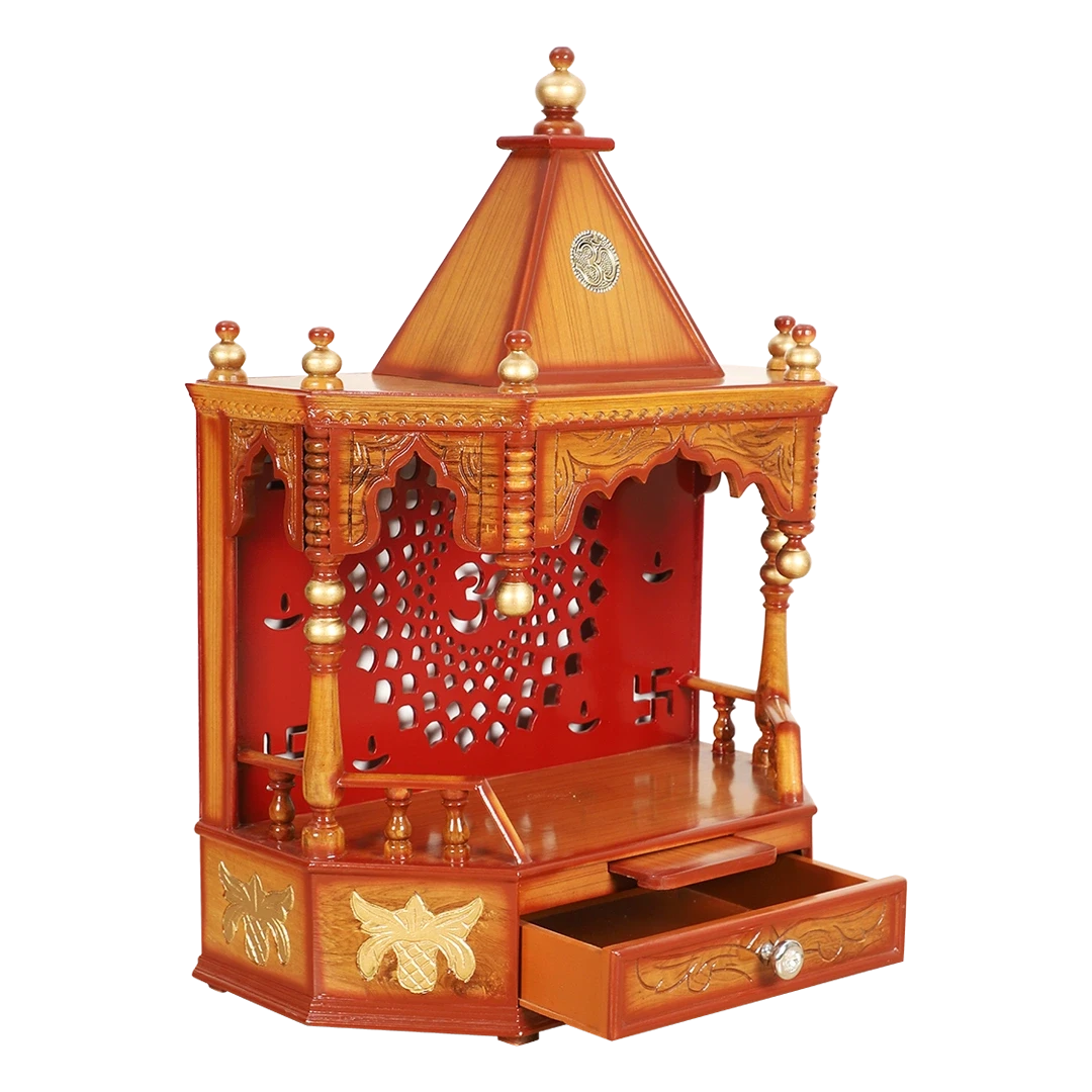 Aikyam Wall Mount Pooja Mandir/Wooden temple for home in Teak Gold color 45° side view open drawer