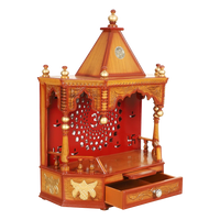 Aikyam Wall Mount Pooja Mandir/Wooden temple for home in Teak Gold color 45° side view open drawer