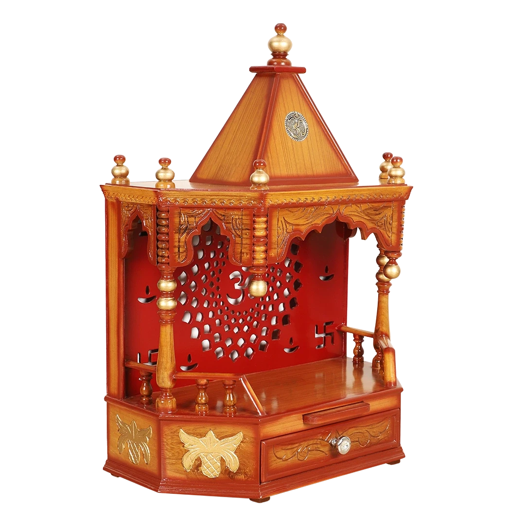 Aikyam Wall Mount Pooja Mandir/Wooden temple for home in Teak Gold color 45° side view