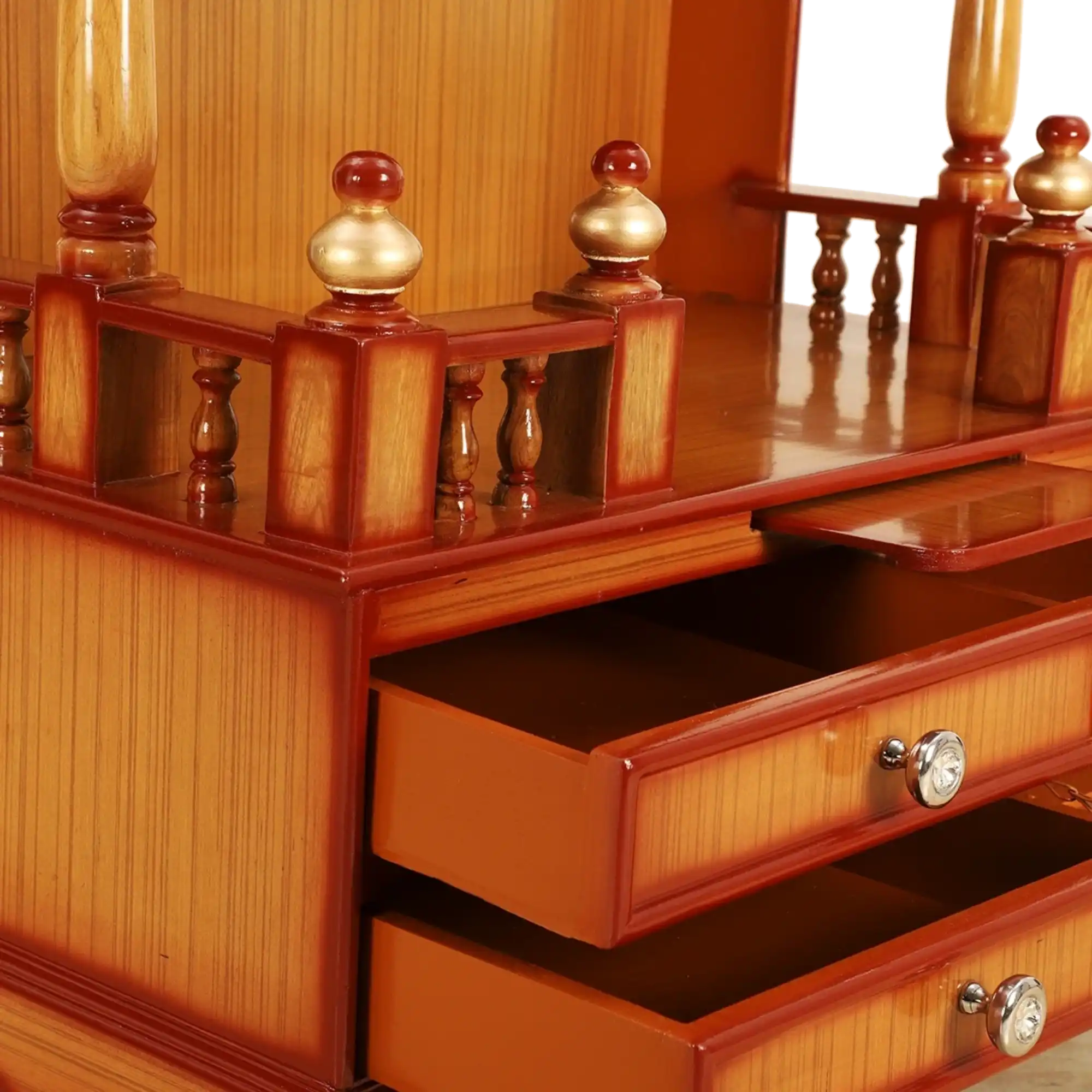 Aikyam Wall Mount Pooja Mandir/Wooden temple for home in Teak Gold color zoom view open drawer