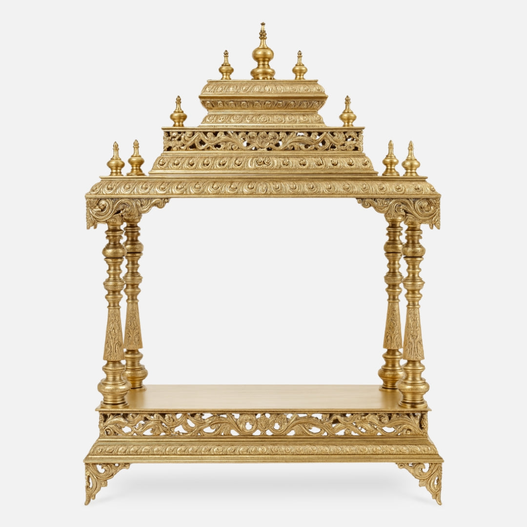 Aishwarya Teak Wood Mandir (Gold) front view 