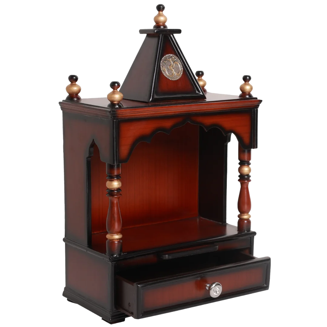 Alaya Wall Mount Pooja Mandir without Door Brown Gold Side Image with open drawers