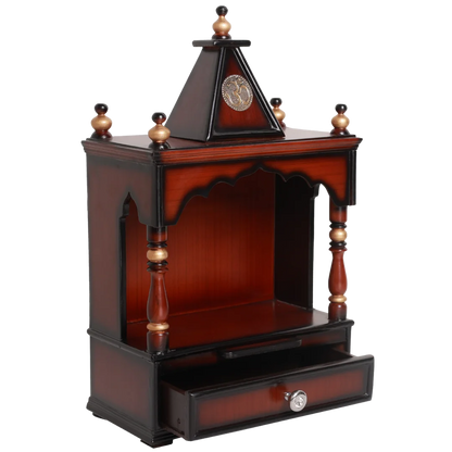 Alaya Wall Mount Pooja Mandir without Door Brown Gold Side Image with open drawers