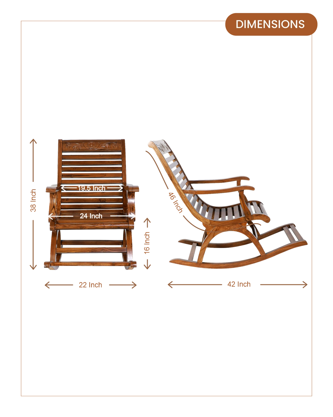 Aldin Teak Wood Rocking Chair (Natural Teak) dimensions