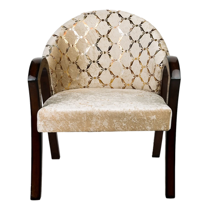 Alteza Teak Wood Fabric Upholstered Arm Chair in Brown Biege color front view