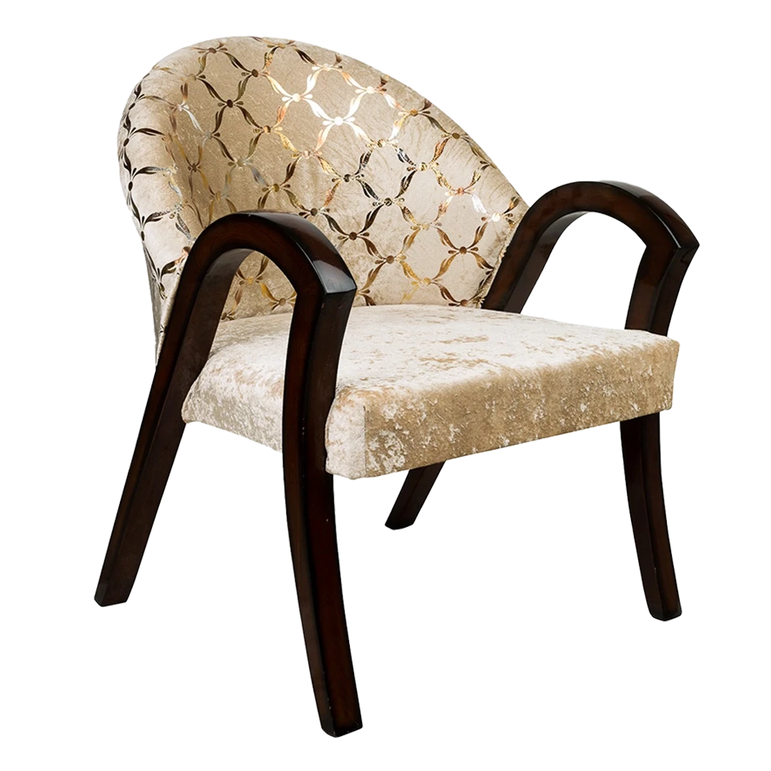 Alteza Teak Wood Fabric Upholstered Arm Chair in Brown Biege color 45° side view