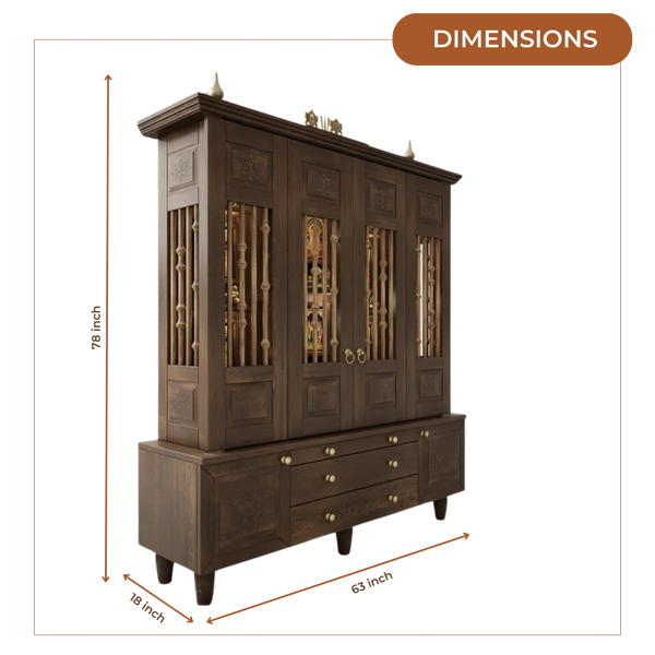 Anandam Teak Wood Pooja Mandap with Door (Brown) Dimensions