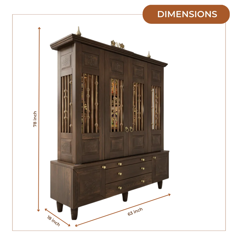 Anandam Teak Wood Pooja Mandap with Door (Brown) Dimensions