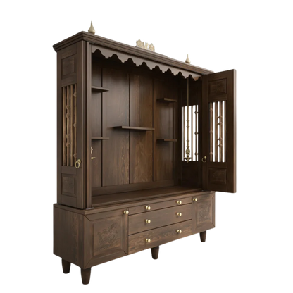Anandam Teak Wood Pooja Mandap with Door (Brown) side view