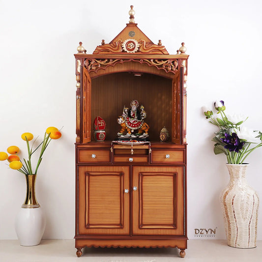 Antarusya Large Floor Rested Pooja Mandap with Door Teak Gold color lifestyle image