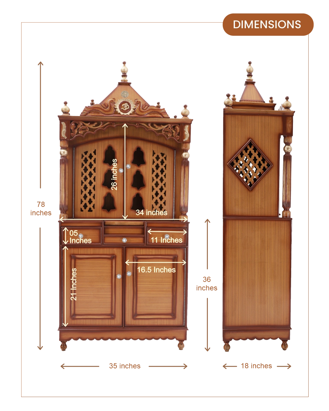 Antarusya Large Floor Rested Pooja Mandap with Door (Teak Gold) dimensions