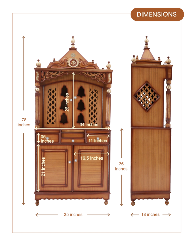 Antarusya Large Floor Rested Pooja Mandap with Door (Teak Gold) dimensions