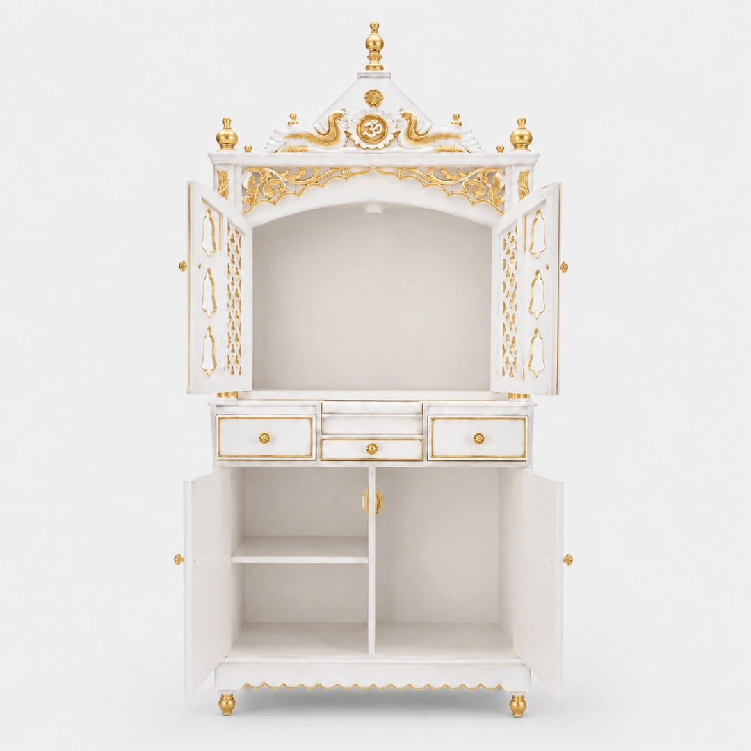 Antarusya Large Floor Rested Pooja Mandap with Door (White Gold) Front View Open Doors