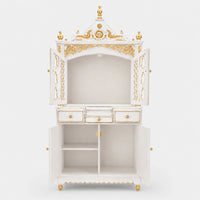 Antarusya Large Floor Rested Pooja Mandap with Door (White Gold) Front View Open Doors