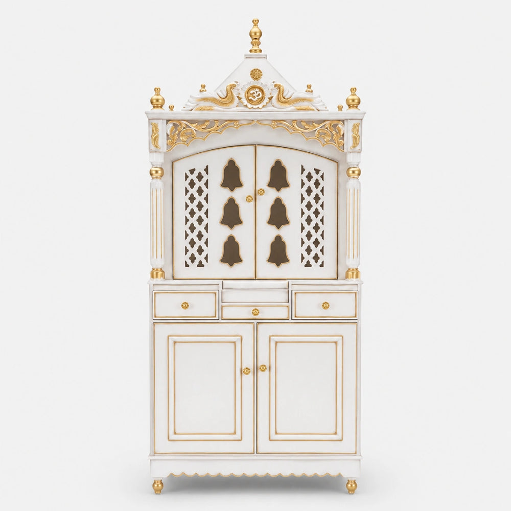 Antarusya Large Floor Rested Pooja Mandap with Door (White Gold) Lifestyle Image