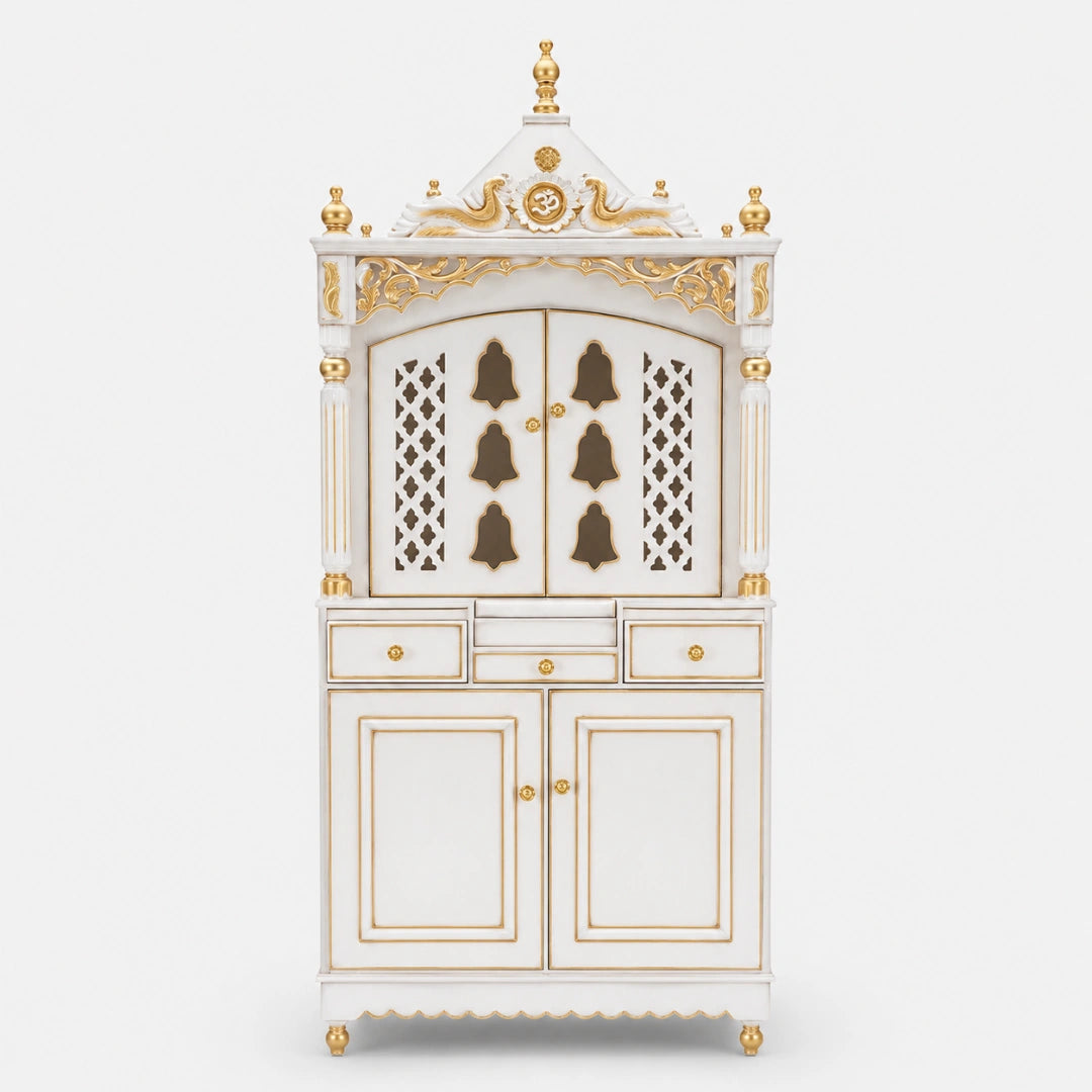 Antarusya Large Floor Rested Pooja Mandap with Door (White Gold) Lifestyle Image