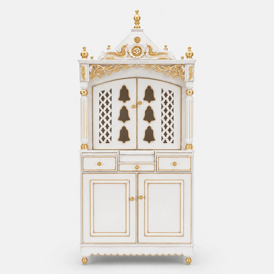 Antarusya Large Floor Rested Pooja Mandap with Door (White Gold) Lifestyle Image