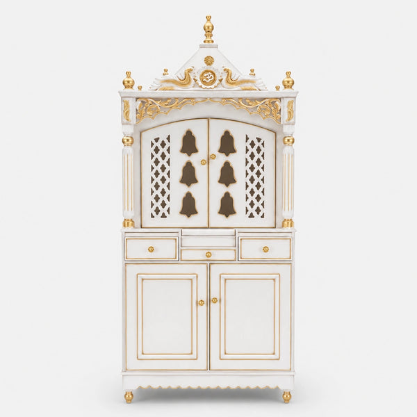 Antarusya Large Floor Rested Pooja Mandap with Door (White Gold) Lifestyle Image