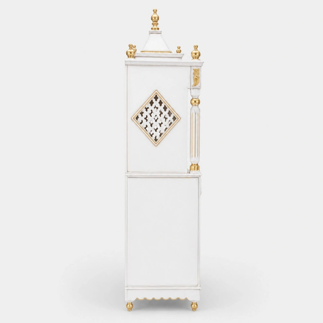 Antarusya Large Floor Rested Pooja Mandap with Door (White Gold) Side angle
