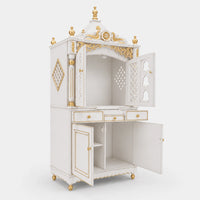 Antarusya Large Floor Rested Pooja Mandap with Door (White Gold) Side View Open Doors