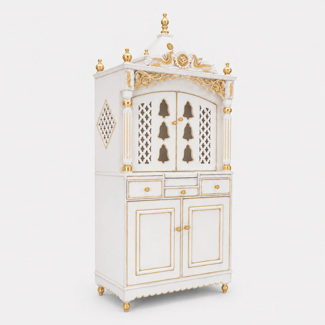 Antarusya Large Floor Rested Pooja Mandap with Door (White Gold) Side Image