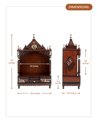 Antarusya Large Floor Rested Pooja Mandir with Door (Brown Gold) dimensions