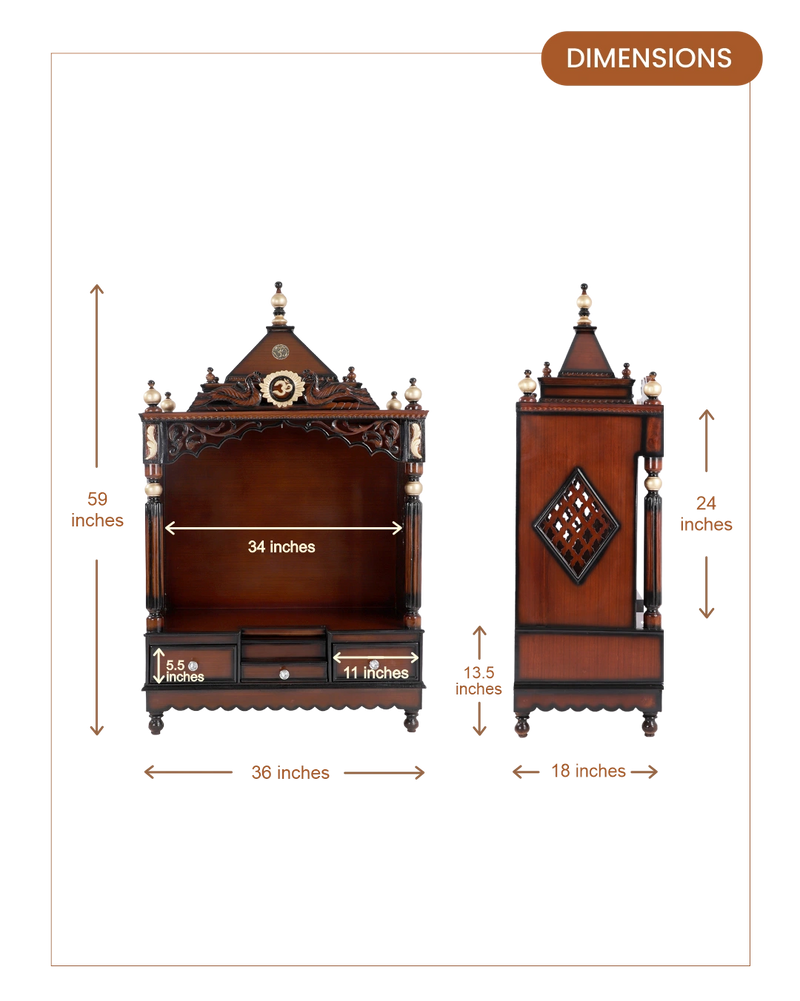 Antarusya Large Floor Rested Pooja Mandir with Door (Brown Gold) dimensions
