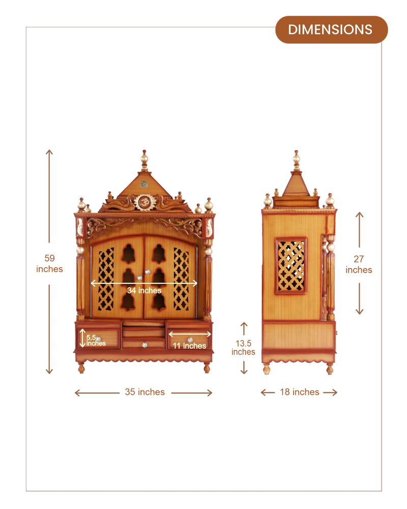 Antarusya Large Floor Rested Pooja Mandir with Door (Teak Gold) dimensions