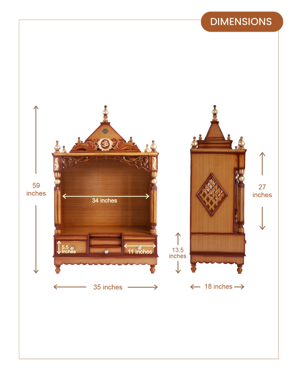 Antarusya Large Floor Rested Pooja Mandir without Door (Teak Gold) dimensions
