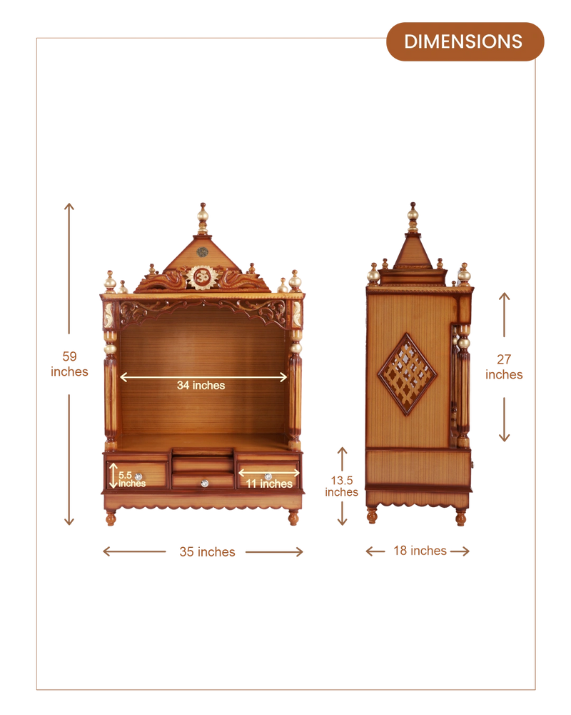 Antarusya Large Floor Rested Pooja Mandir without Door (Teak Gold) dimensions