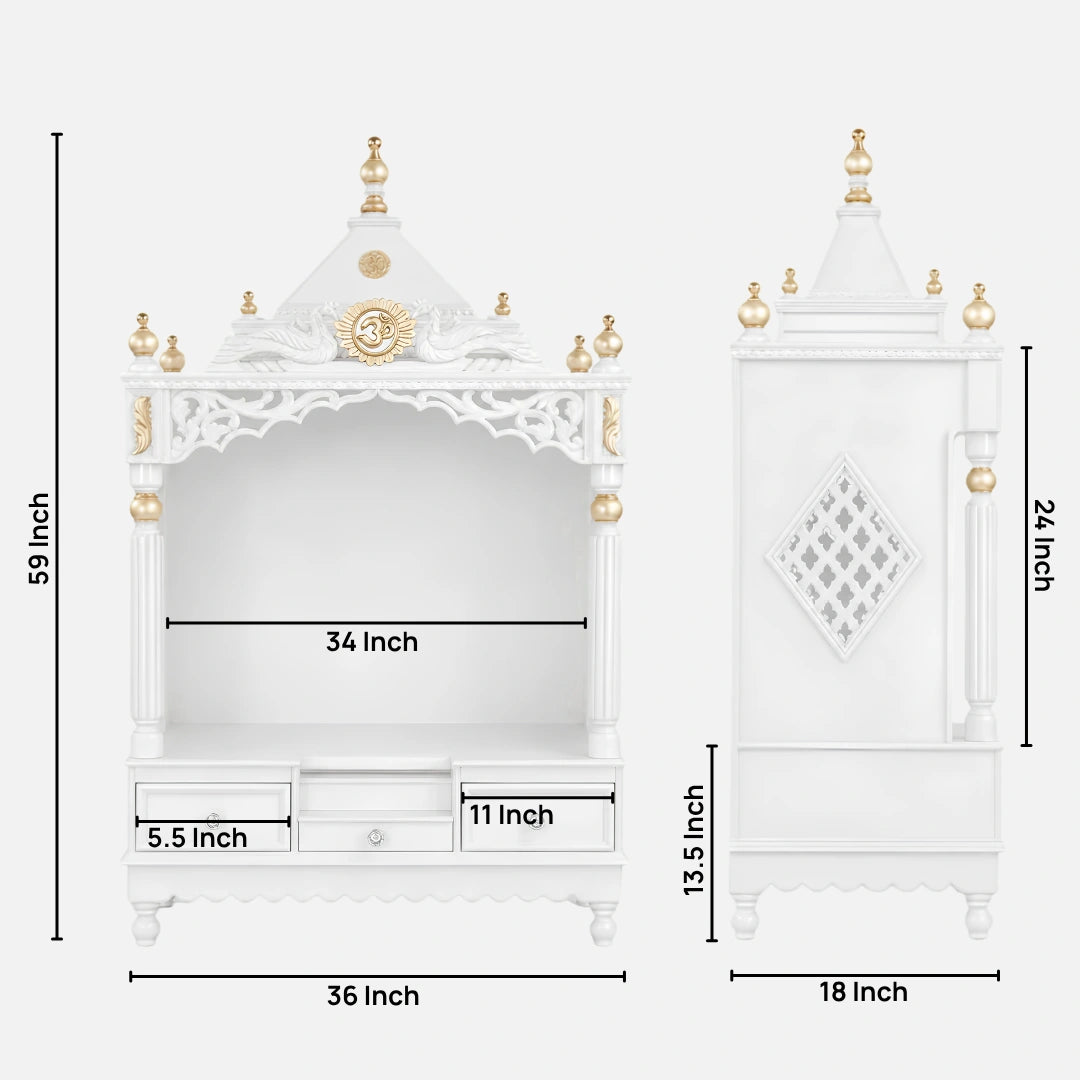Antarusya Large Floor Rested Pooja Mandir without Door (White Gold) Dimensions