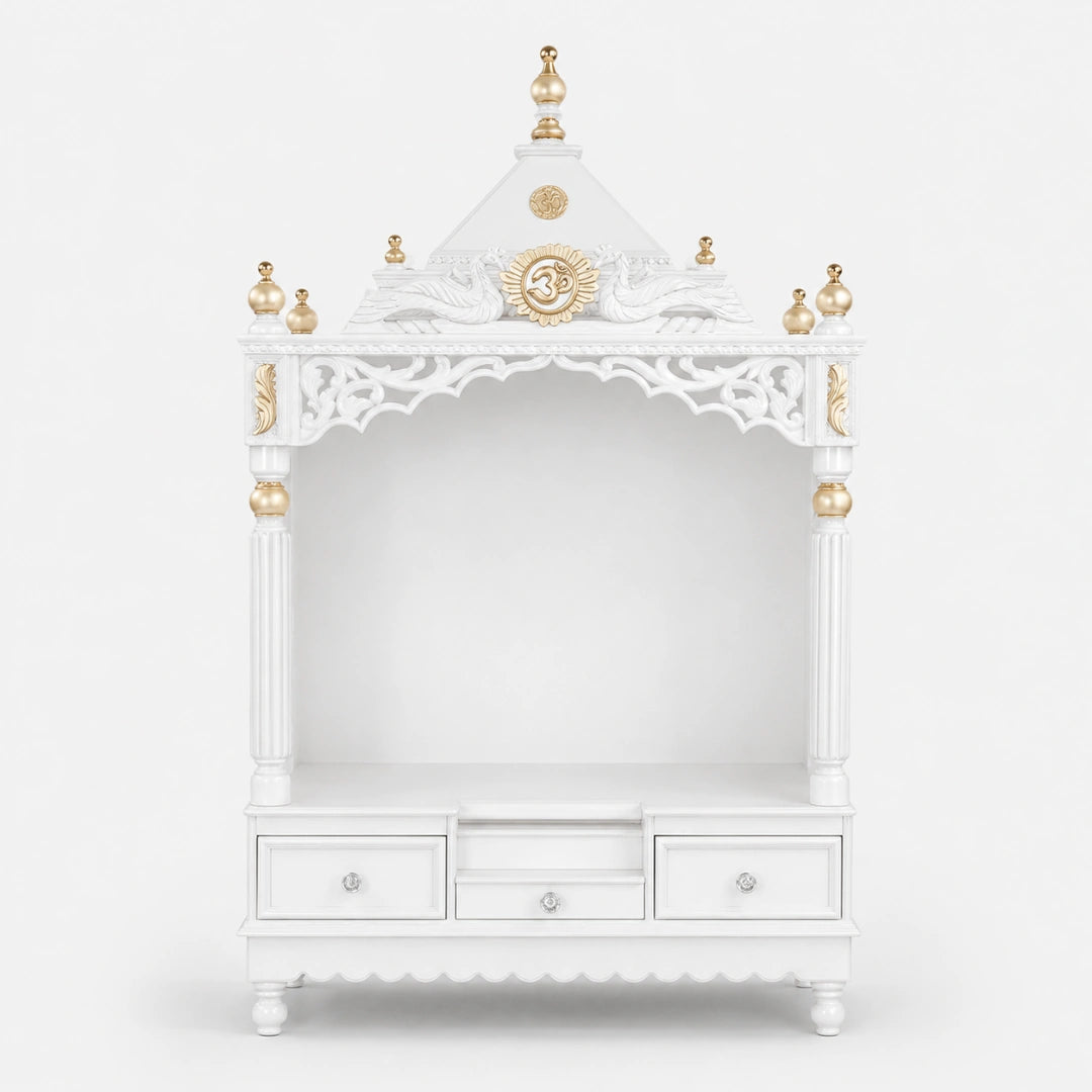 Antarusya Large Floor Rested Pooja Mandir without Door (White Gold) Front View